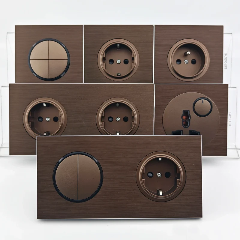 High quality coffee color universal Retro Eu FR 220V wall light switch,Reset button switch electrical socket with LED indicator