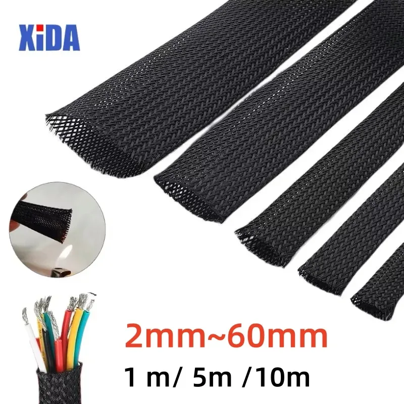PET Black Cable Sleeve 6/8/10/14/20/30mm Insulated Braided Sleeving Data Line Protection Wire Cable Flame-Retardant Nylon Tube