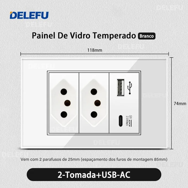DELEFU 4*2 White Tempered Glass Brazil Standard Outlet with Double USB Type C Wall Power Socket Smart Switch Tuya Wifi 10A 20A