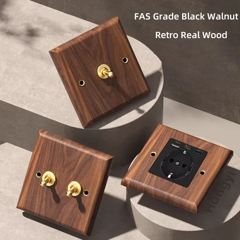 Black walnut retro European retro wall lamp switch socket, solid wood brass toggle switch board 1-4Gang 2Way antique home switch