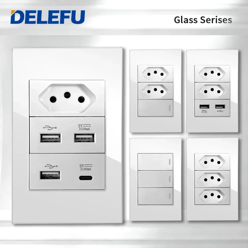 DELEFU 4*2 White Tempered Glass Brazil Standard Outlet with Double USB Type C Wall Power Socket Smart Switch Tuya Wifi 10A 20A