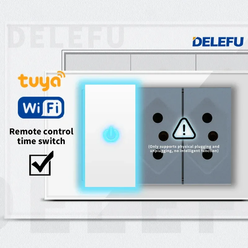 DELEFU 4*2 White Tempered Glass Brazil Standard Outlet with Double USB Type C Wall Power Socket Smart Switch Tuya Wifi 10A 20A