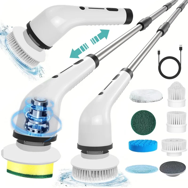8-in-1 Long Handled Retractable Electric Mop Scrubber Cordless Electric Cleaning Brush for Kitchen & Car Plastic Spin Scrubber
