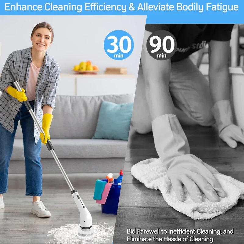 8-in-1 Long Handled Retractable Electric Mop Scrubber Cordless Electric Cleaning Brush for Kitchen & Car Plastic Spin Scrubber