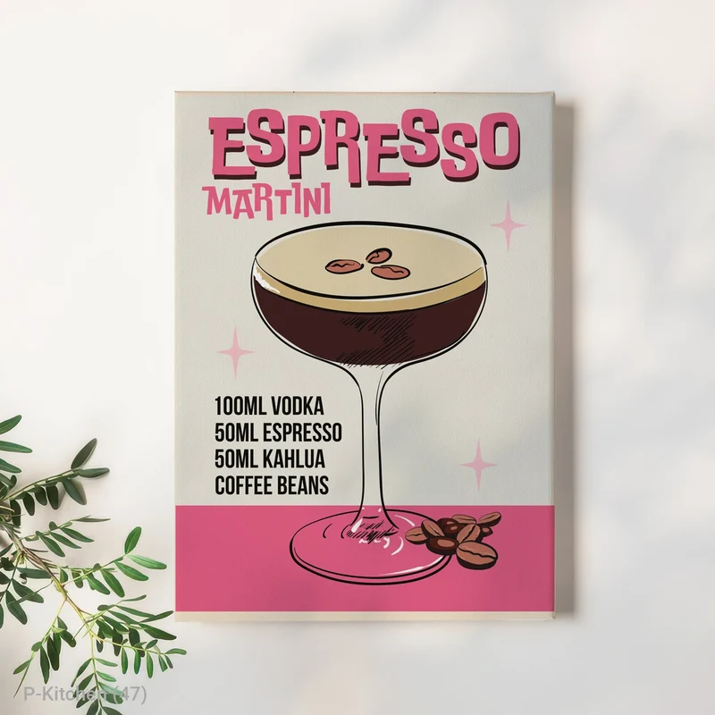 Modern Pop Art Kitchen Decor Cocktail Poster Espresso Martini Recipe Print Pink and Black Canvas Art