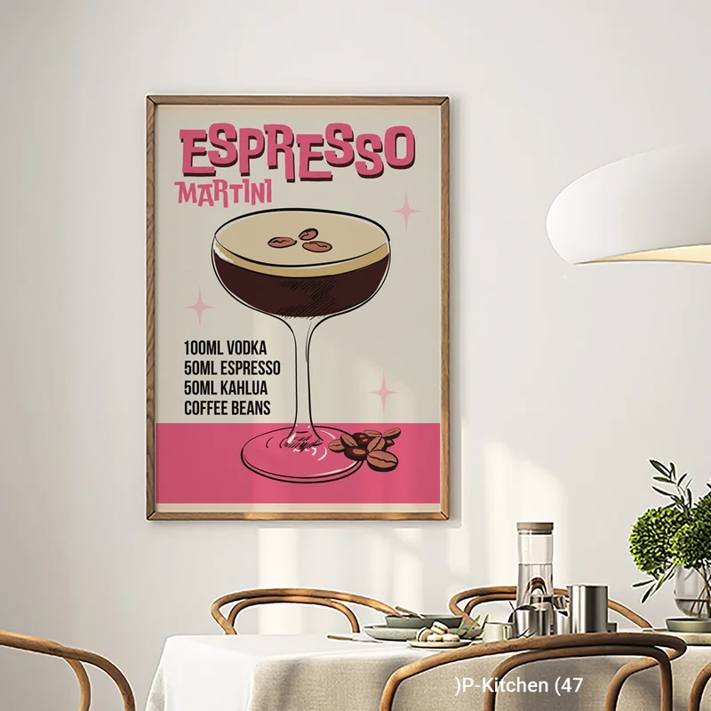 Modern Pop Art Kitchen Decor Cocktail Poster Espresso Martini Recipe Print Pink and Black Canvas Art