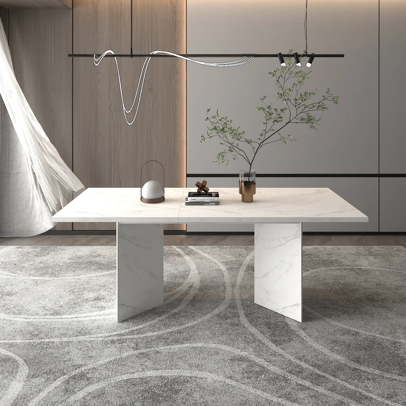 Extendable Dining Room Table for 6-10 Modern Faux Marble Wooden Long Large Rectangular Expanding Conference Kitchen Table White