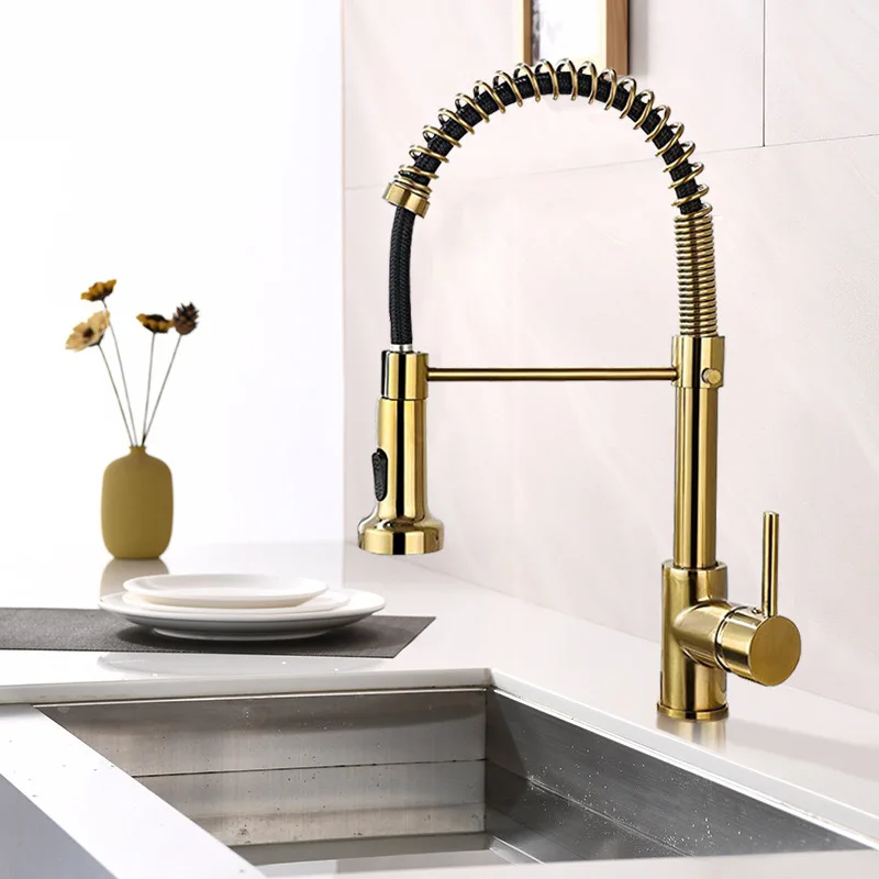 Kitchen Faucets Commercial Solid Brass Single Handle Single Lever Pull Down Sprayer Spring Matte Black Kitchen Sink Faucet Tap