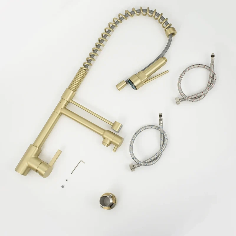 Brushed Gold Brass Taps Sink Pull Down Kitchen Faucet