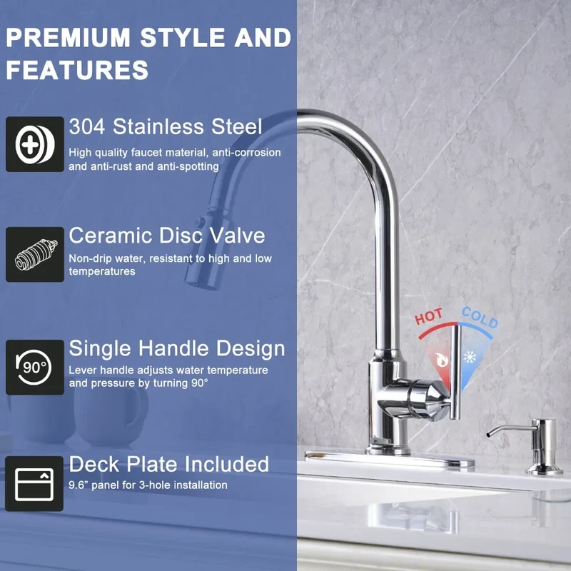 High Arc Single Handle Water Tap Kitchen 3 Modes Spout Faucet for Kitchen Sink Farmhouse RV, Kitchen Faucet with Soap Dispenser