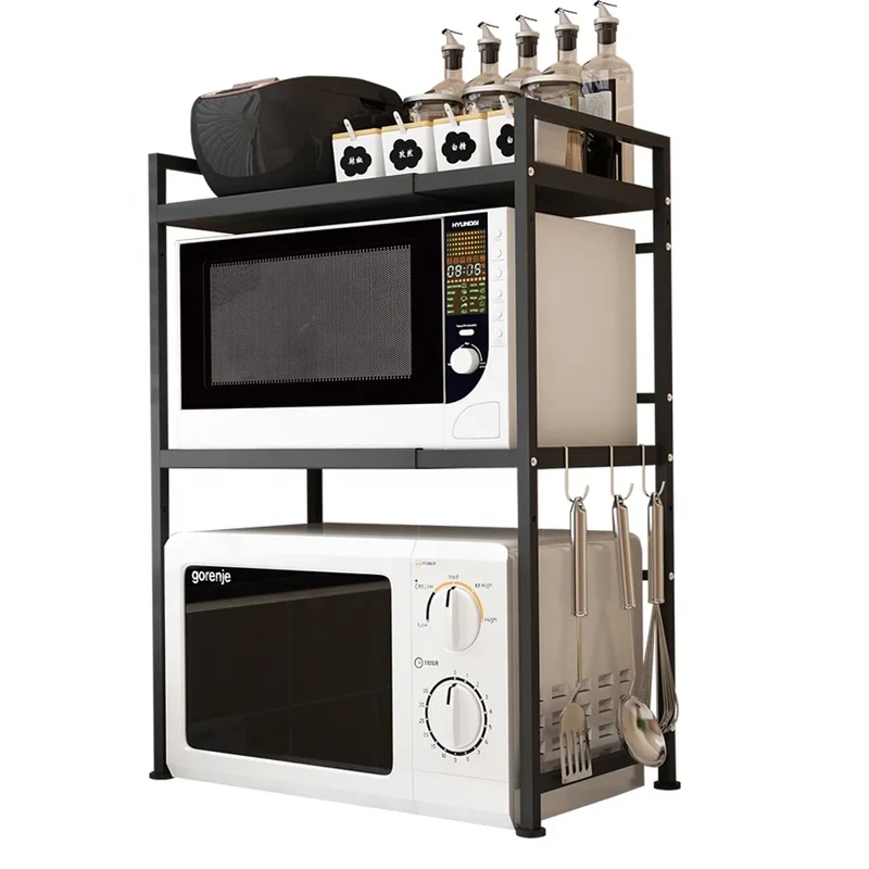 Microwave Stand Oven Rack Expandable Countertop Kitchen Utensils Tableware Storage Carbon Steel Over Shelf Countertop 3 Tier