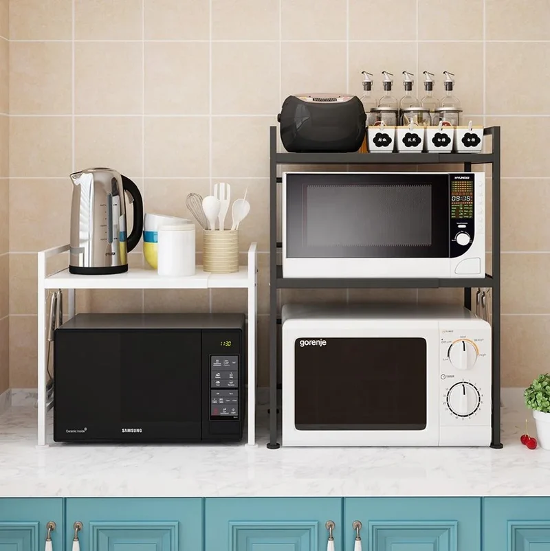 Microwave Stand Oven Rack Expandable Countertop Kitchen Utensils Tableware Storage Carbon Steel Over Shelf Countertop 3 Tier