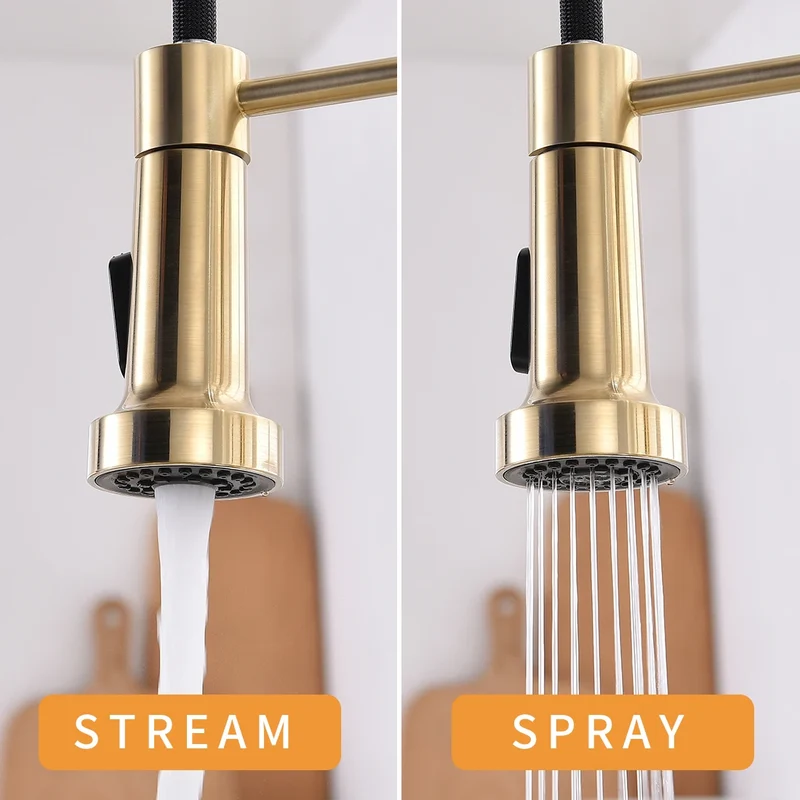 Luxury Single-Hole Kitchen Faucet Non-TOUCH Sensitive Brushed Gold Ceramic Cartridge Sink Faucet with Pull Sprayer