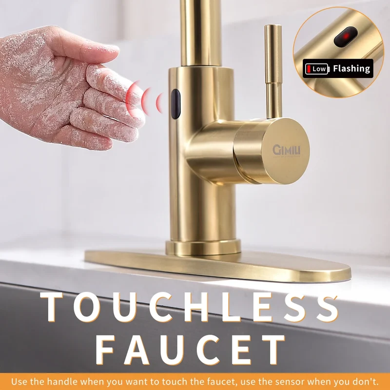 Luxury Single-Hole Kitchen Faucet Non-TOUCH Sensitive Brushed Gold Ceramic Cartridge Sink Faucet with Pull Sprayer