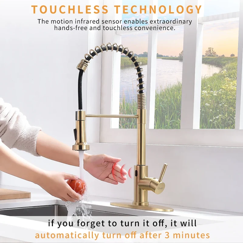 Luxury Single-Hole Kitchen Faucet Non-TOUCH Sensitive Brushed Gold Ceramic Cartridge Sink Faucet with Pull Sprayer