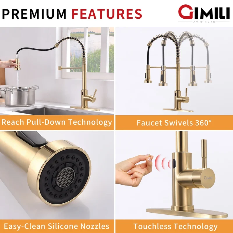 Luxury Single-Hole Kitchen Faucet Non-TOUCH Sensitive Brushed Gold Ceramic Cartridge Sink Faucet with Pull Sprayer