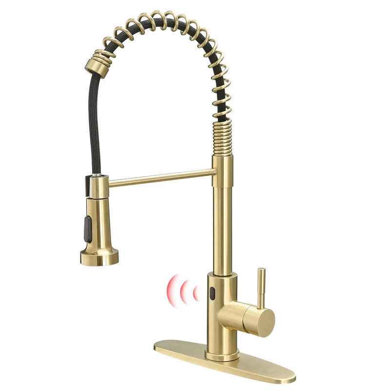 Luxury Single-Hole Kitchen Faucet Non-TOUCH Sensitive Brushed Gold Ceramic Cartridge Sink Faucet with Pull Sprayer