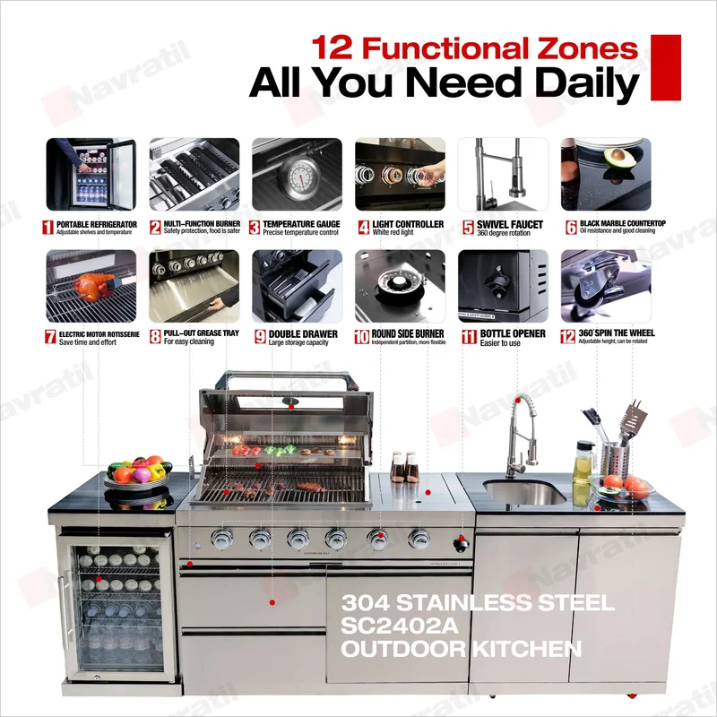 Usa Warehouse Luxury 304 Stainless Steel Bbq Modular Outdoor Kitchen Cabinet Set With Sinks Fridge