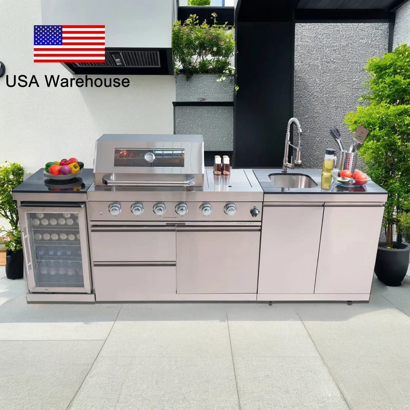 Usa Warehouse Luxury 304 Stainless Steel Bbq Modular Outdoor Kitchen Cabinet Set With Sinks Fridge