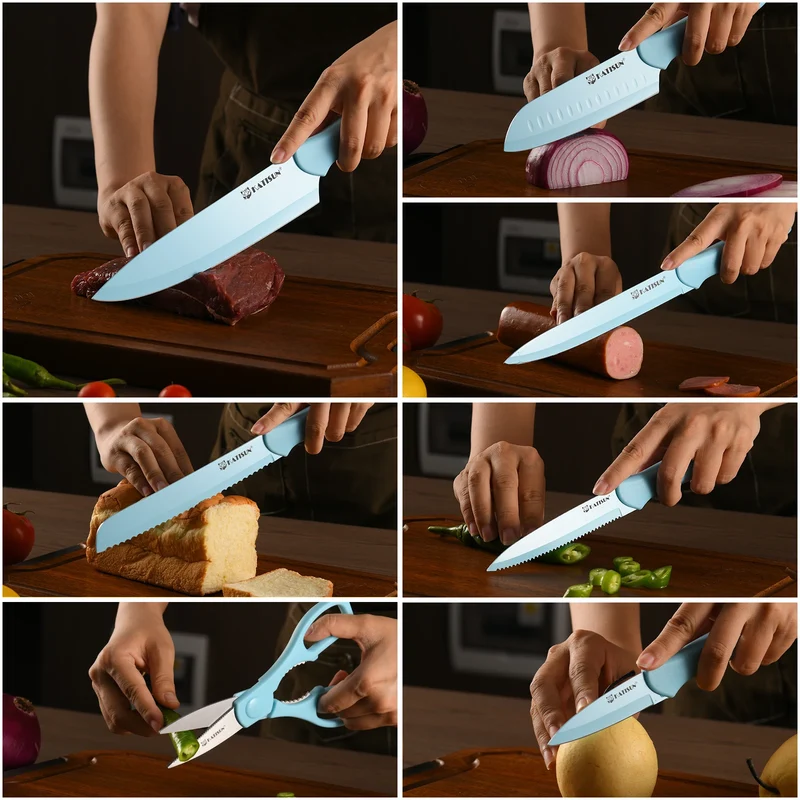 Full Blue 13 Piece Multifunctional Chef Knives Carbon Steel Kitchen Knife Set with Scissors