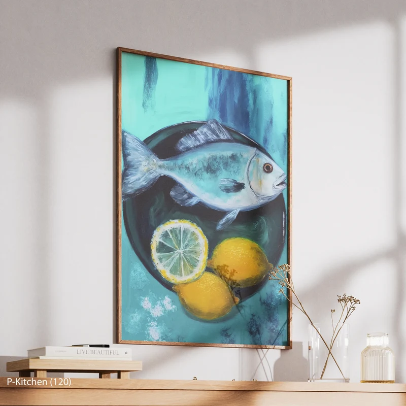 Kitchen Canvas Print Impressionist Lemon and Sardine Painting Modern Wood Frame Wall Decor