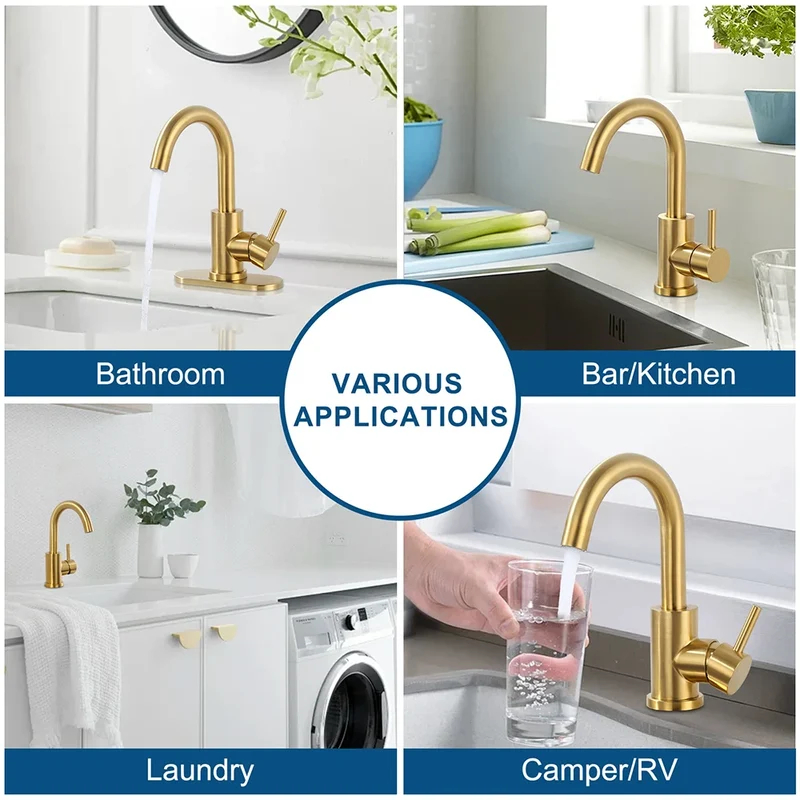 Modern Bar Sink Faucet Single-Handle Gold Mini Kitchen Faucet, 1 Hole Wet Bar Sink Faucets with Deck Plate for bar RV Laundry