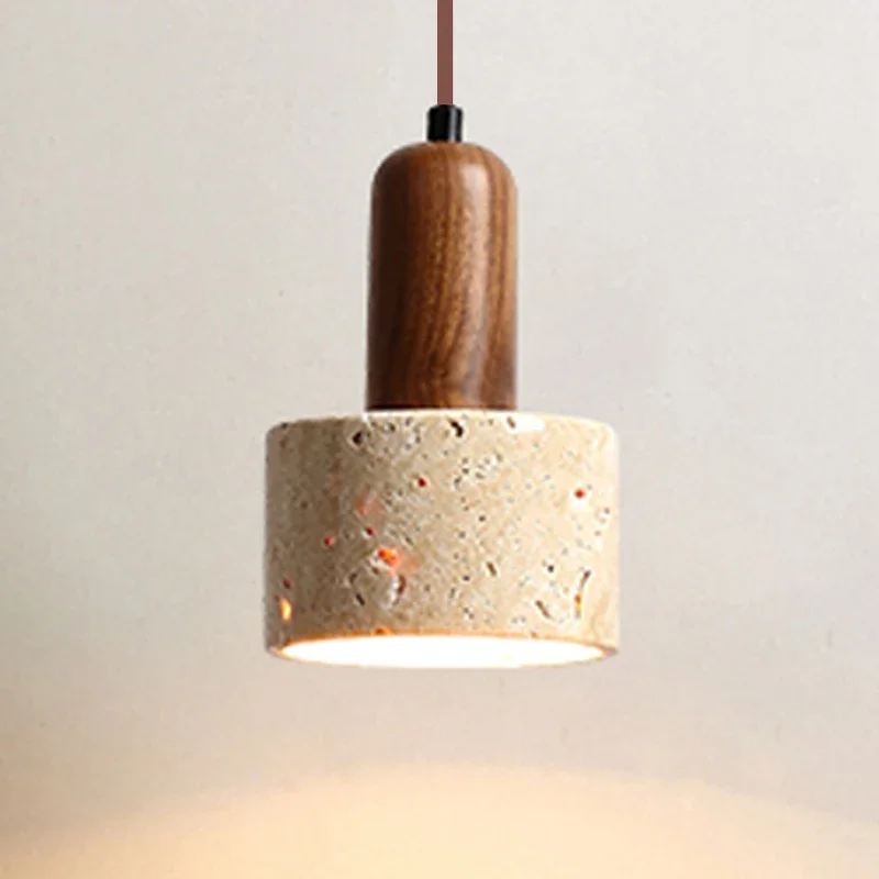 Wabi Sabi Decor Walnut Bedside Hotel Pendant Light Yellow Travertine Stone Chandelier for Dining Table Kitchen Island Restaurant
