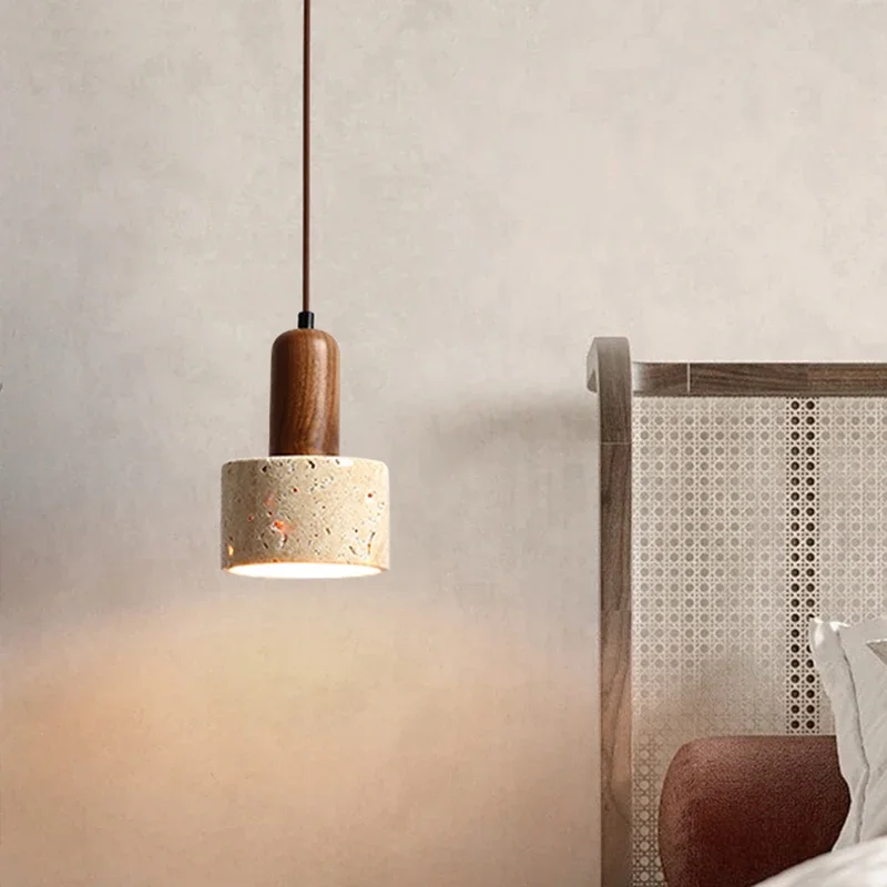 Wabi Sabi Decor Walnut Bedside Hotel Pendant Light Yellow Travertine Stone Chandelier for Dining Table Kitchen Island Restaurant