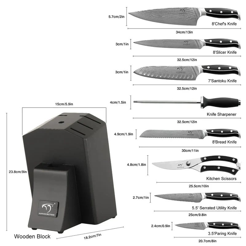 9 PCS Professional ABS Handle Damascus Steel Kitchen Utility Knife Set with Block