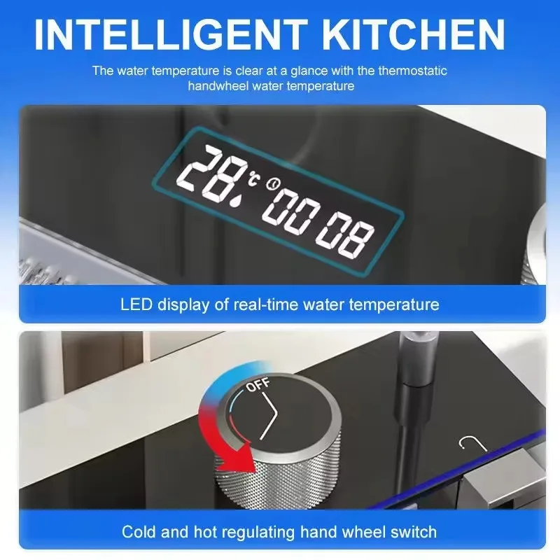 304 Kitchen Sink Multifunction LED Digital Display With Pull-Out Faucet Stainless Steel Anti-Scratch Kitchen Sinks