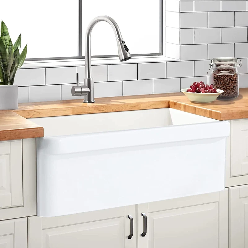 Luxury Unique Design Ceramic Farm Kitchen Sink with Strainer & Protective Bottom Grid