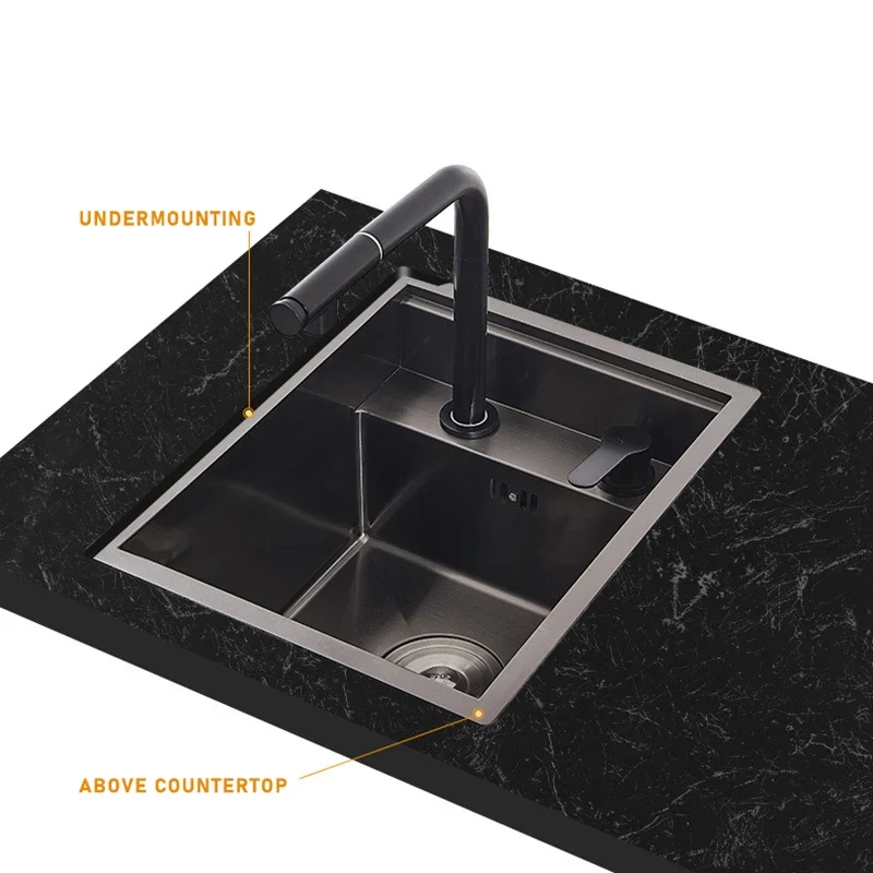 Stainless Steel SS304 Single Bowl Pull Out Faucet Tap New Black Nanometer Flip Cover Hidden Kitchen Sink