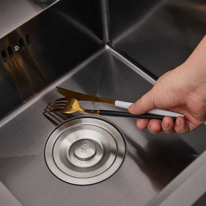 Stainless Steel SS304 Single Bowl Pull Out Faucet Tap New Black Nanometer Flip Cover Hidden Kitchen Sink