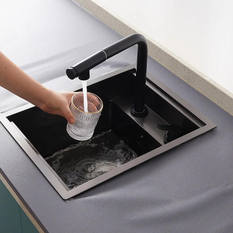Stainless Steel SS304 Single Bowl Pull Out Faucet Tap New Black Nanometer Flip Cover Hidden Kitchen Sink
