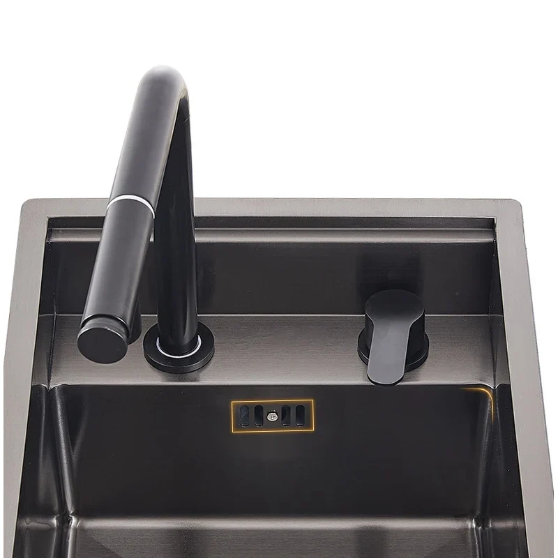 Stainless Steel SS304 Single Bowl Pull Out Faucet Tap New Black Nanometer Flip Cover Hidden Kitchen Sink