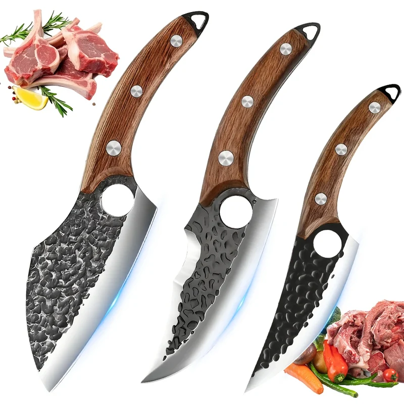 3 PCS Kitchen Knives Set Meat Cleaver Chef Knife Set Chopping & Slicing & Boning Japanese Knife Heavy-Duty Butcher Knife