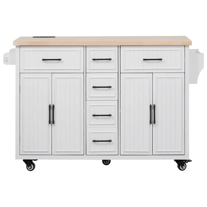 56.5'' Kitchen Island with Drop Leaf, Power Outlet, Embossed Vertical Stripe Rolling Kitchen Cart on Wheels
