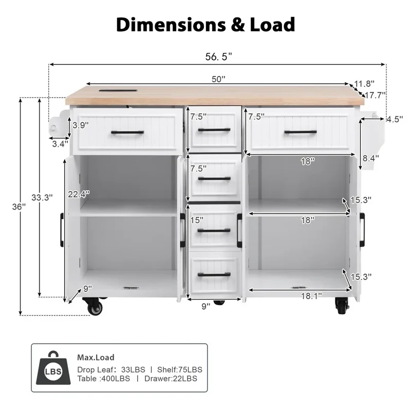 56.5'' Kitchen Island with Drop Leaf, Power Outlet, Embossed Vertical Stripe Rolling Kitchen Cart on Wheels