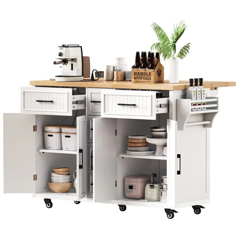 56.5'' Kitchen Island with Drop Leaf, Power Outlet, Embossed Vertical Stripe Rolling Kitchen Cart on Wheels