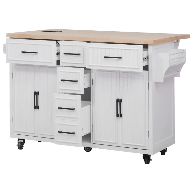 56.5'' Kitchen Island with Drop Leaf, Power Outlet, Embossed Vertical Stripe Rolling Kitchen Cart on Wheels