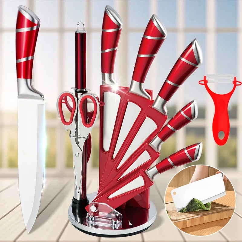 9Pcs Professional Chef Knife with Rotatable Block,Non Stick Sharp Stainless Steel Kitchen Knife Set with Sharpener for Home Cook