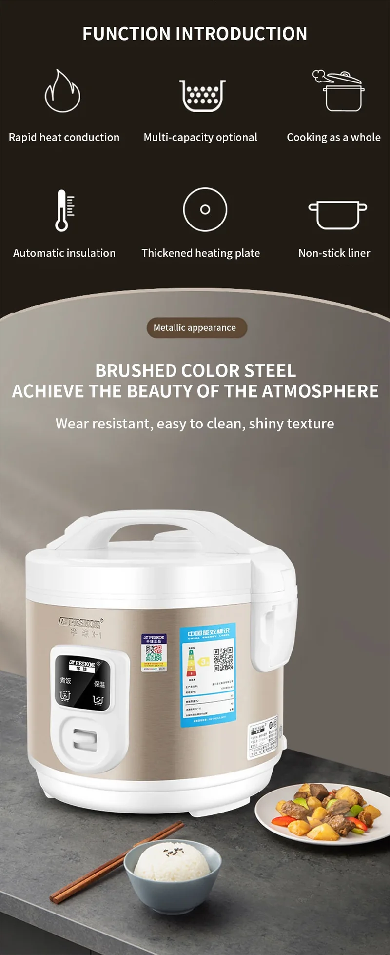 Peskoe Mini Rice Cooker Non-Stick Surface Old-Fashioned 1-2-3 Person Multi-Function Household Cooking Appliance 2L 3L 4L 5L