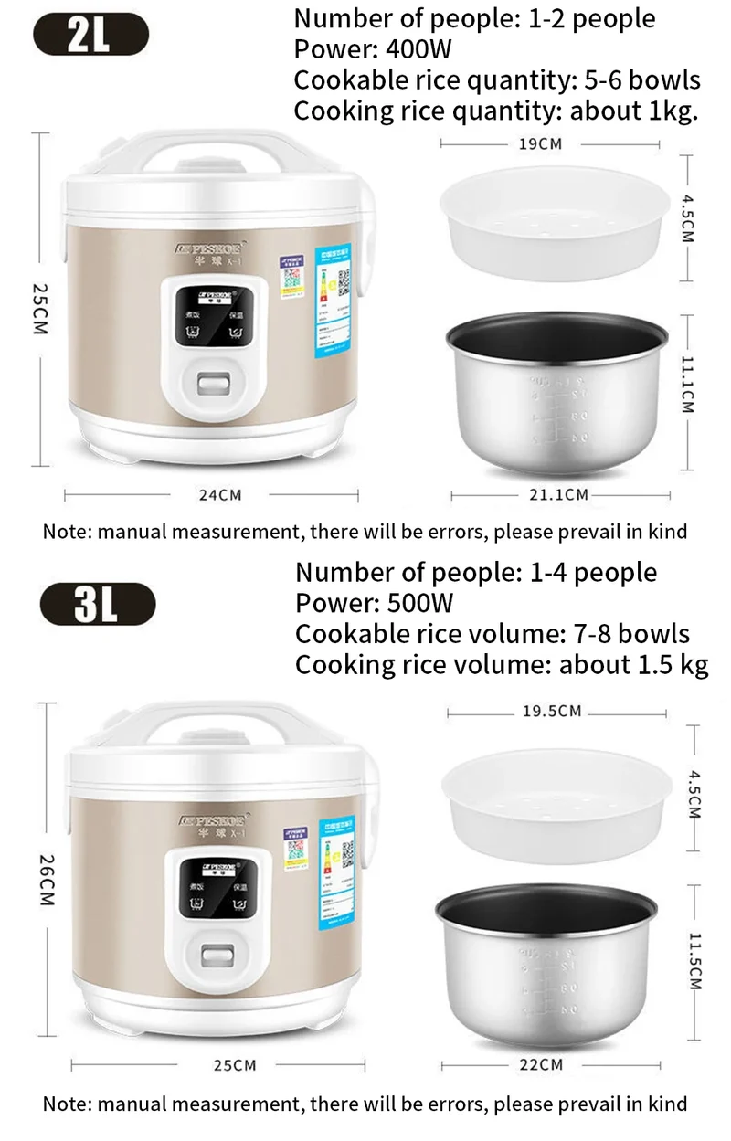 Peskoe Mini Rice Cooker Non-Stick Surface Old-Fashioned 1-2-3 Person Multi-Function Household Cooking Appliance 2L 3L 4L 5L