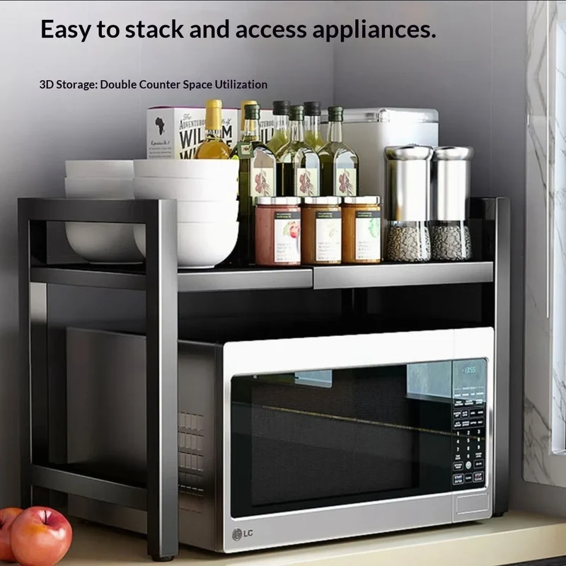Countertop Kitchen Microwave Storage Rack, Telescopic Desktop Shelf for Rice Cookers and Ovens, A Household Storage Organizer
