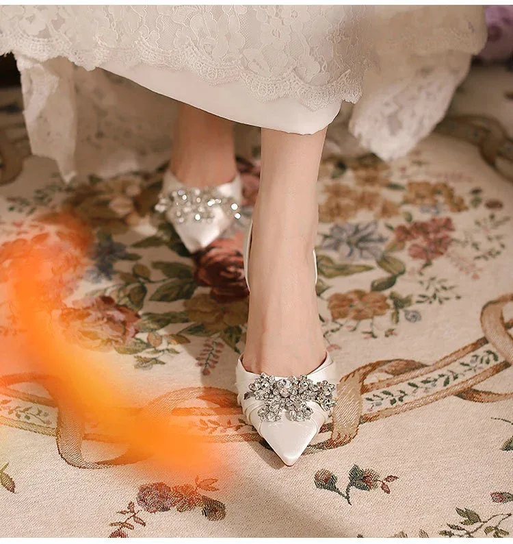 2025 Autumn New White French High Heels Pointy Rhine-Diamond Thin Heel Not Tired Foot Single Shoes Wedding Shoes