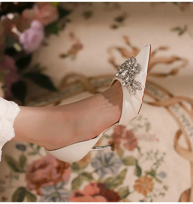 2025 Autumn New White French High Heels Pointy Rhine-Diamond Thin Heel Not Tired Foot Single Shoes Wedding Shoes