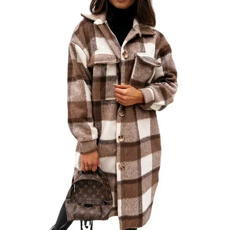 Single Breasted Trench Coat Fashion Long Autumn Winter Women's Clothing Long Sleeve Woolen Plaid Overcoat Coat