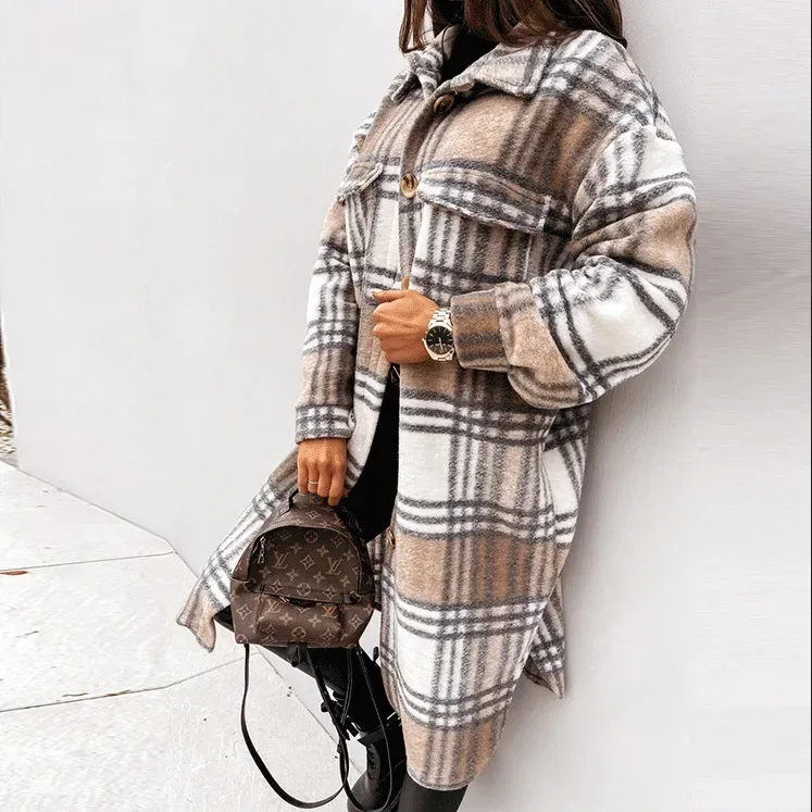 Single Breasted Trench Coat Fashion Long Autumn Winter Women's Clothing Long Sleeve Woolen Plaid Overcoat Coat