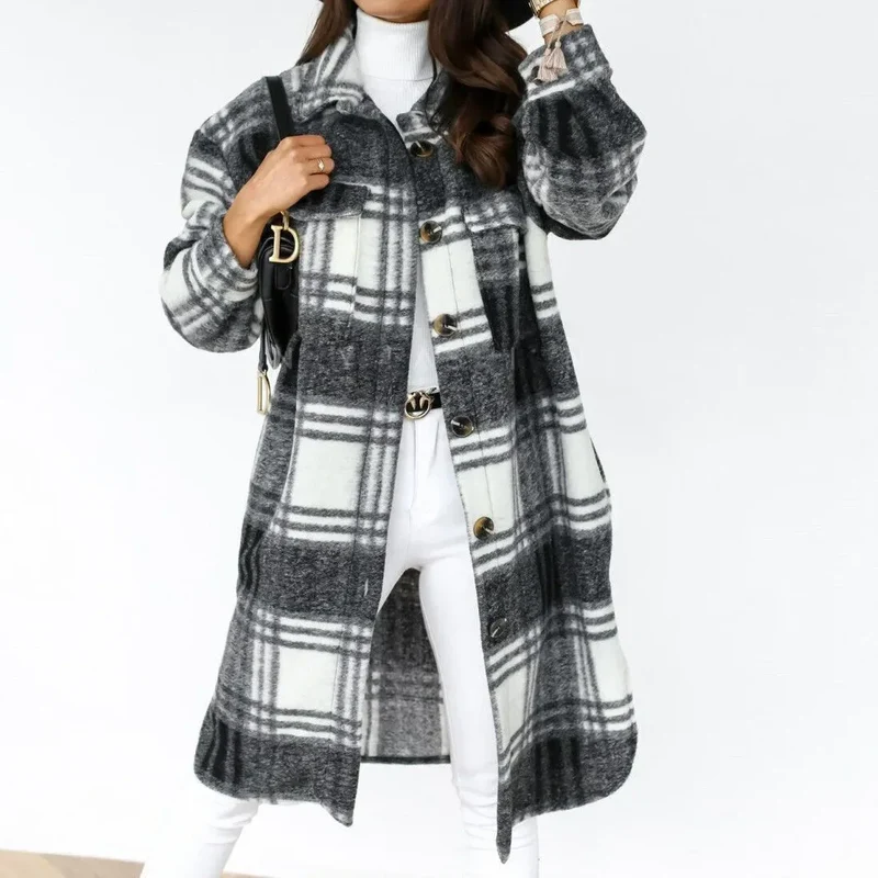 Single Breasted Trench Coat Fashion Long Autumn Winter Women's Clothing Long Sleeve Woolen Plaid Overcoat Coat