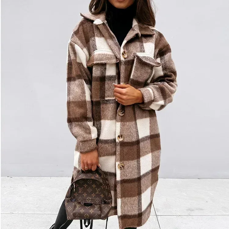 Single Breasted Trench Coat Fashion Long Autumn Winter Women's Clothing Long Sleeve Woolen Plaid Overcoat Coat